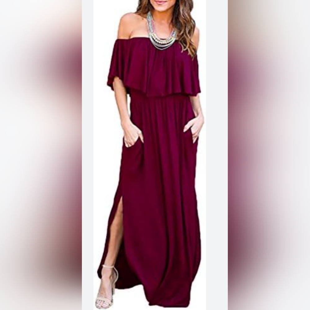 NWT. Lilbetter Elegant Off-Shoulder Burgundy Maxi Dress With Split